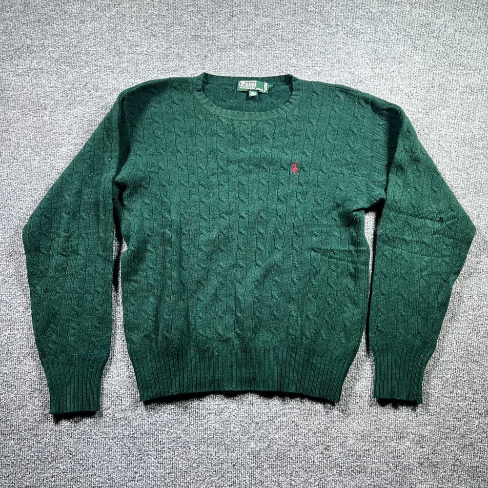 VTG Polo Ralph Lauren Kids 16 Green Cable Knit Lambswool Sweater 90s